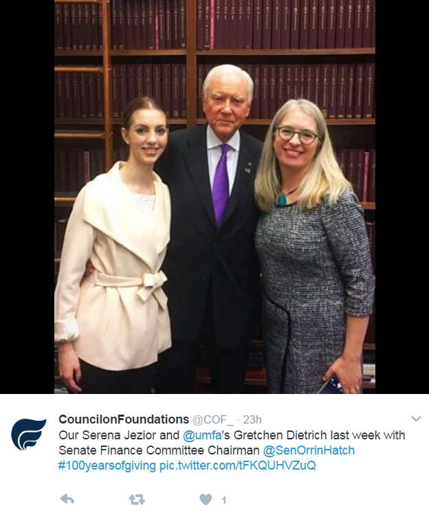 Our Serena Jezior and @umfa's Gretchen Dietrich last week with Senate Finance Committee Chairman @SenOrrinHatch #100yearsofgiving