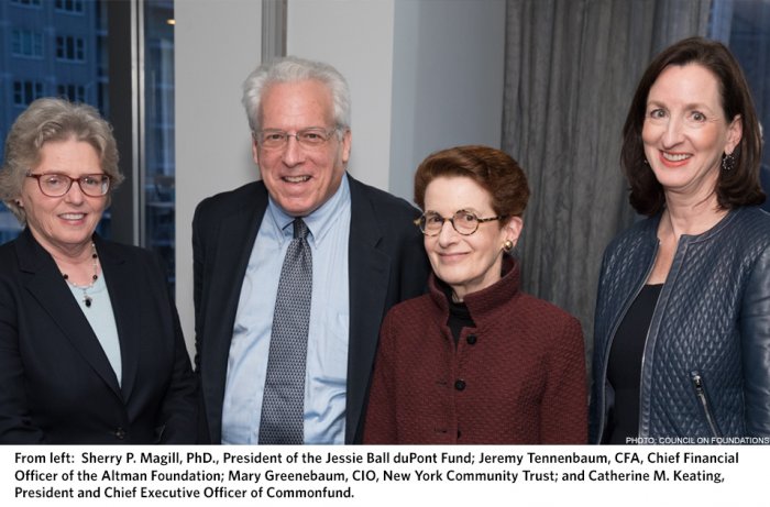 From left: Sherry P. Magill, PhD., President of the Jesse Ball duPont Fund; Jeremy Tennenbaum, CFA, Chief Financial Officer of the Altman Foundation; Mary Greenebaum, CIO, New York Community Trust; and Catherine M. Keating, President and Chief Executive Officer of Commonfund