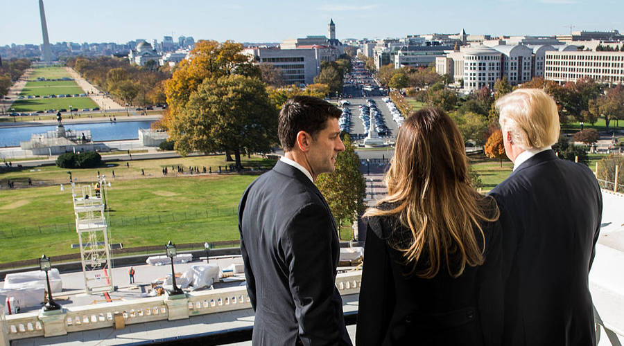 House Speaker Paul Ryan (R-WI) shows President-elect Donald Trump and his wife, Melania Trump the Speaker's Balcony at the U.S. Capitol on November 10, 2016. (Photo credit - Zach Gibson/Getty Images)